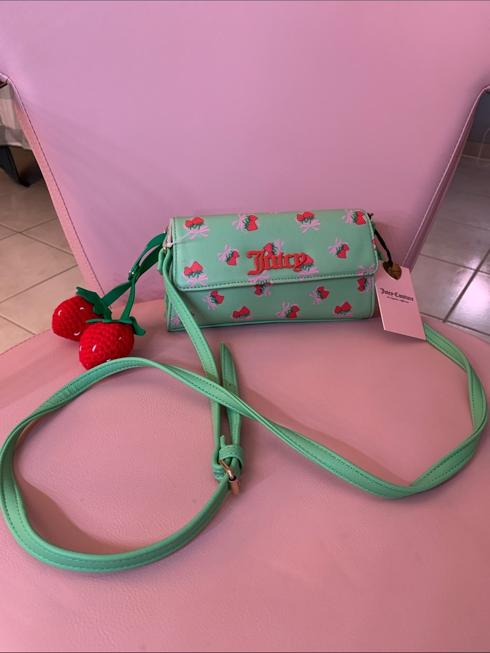 Juicy Couture Mint Green Crossbody with Strawberry Accents